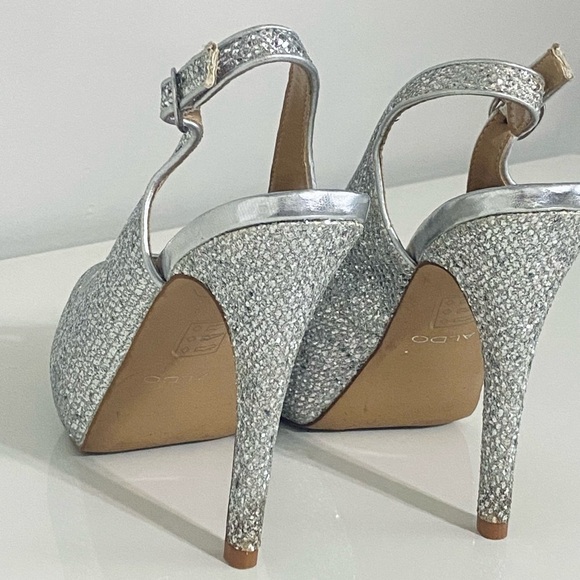 Aldo Silver Glitter Peep Toe Heels - Picture 8 of 11